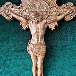 Wood Carving of Jesus Cross with St. Benedict's Exorcism - mokarve