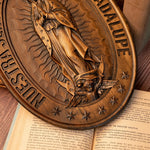Retro Color Our Lady of Guadalupe Wood Carving -The patron saint of Mexico, America and unborn children - mokarve