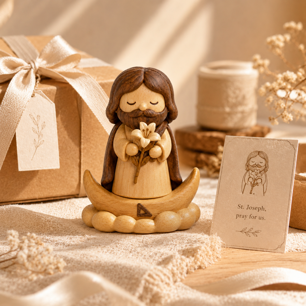 St. Joseph with Lily Wooden Figurine – Original Wood Inlay Blessing Decor