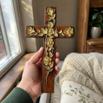 Hand-Carved Rose Cross Wall Art ✝️🌹 | Solid Beechwood Christian Decor with Golden Flowers