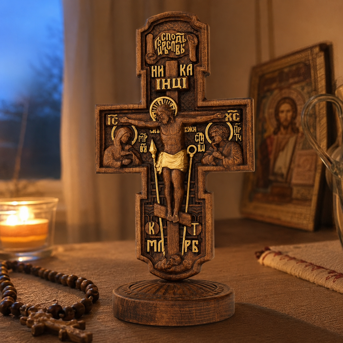 Double-Sided Icon Wood Carving ✝️ | Hand-Carved Crucifix & Saints Beechwood Wall Art