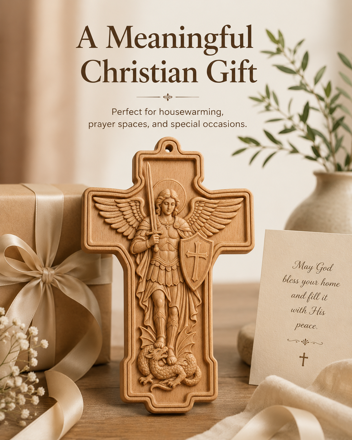 St. Michael Wooden Wall Cross – Beech Wood Relief Carving Christian Wall Plaque