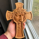 Sacred Thorn Crown Wooden Cross ✝ | Hand-Carved Beechwood Crucifix with Crown of Thorns - side view