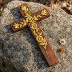 Hand-Carved Rose Cross Wall Art ✝️🌹 | Solid Beechwood Christian Decor with Golden Flowers