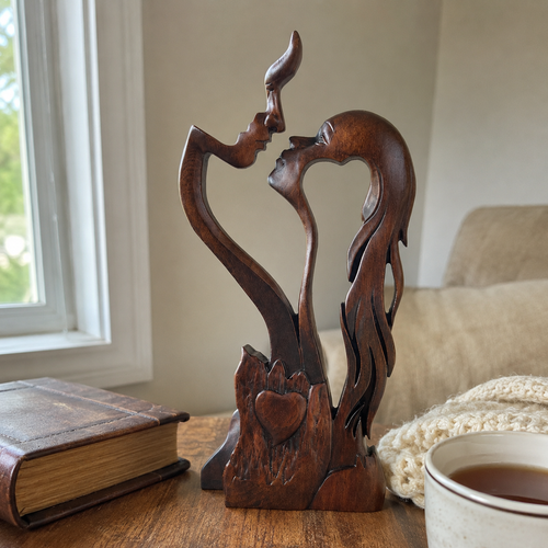 Retro Color wooden couple sculpture in a styled home setting; accessories not included