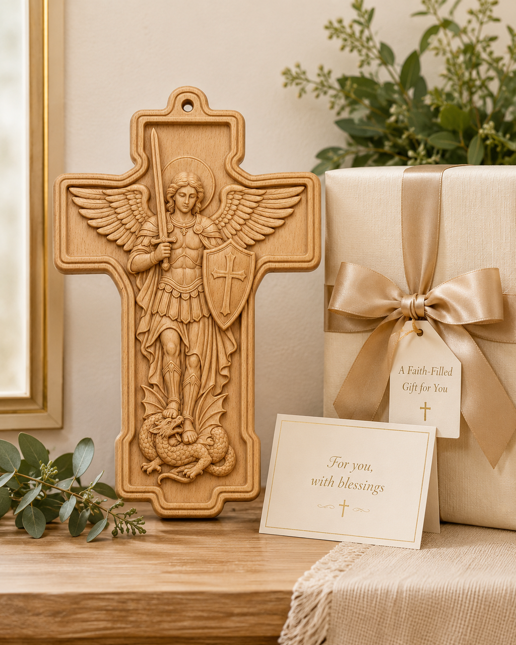 St. Michael Wooden Wall Cross – Beech Wood Relief Carving Christian Wall Plaque