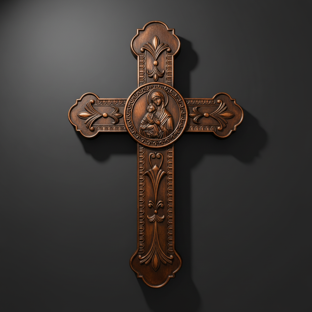 Wooden crucifix of the Virgin, Virgin Mary, Baby Jesus, religious wooden icon, wall crucifix, wall decor - product view