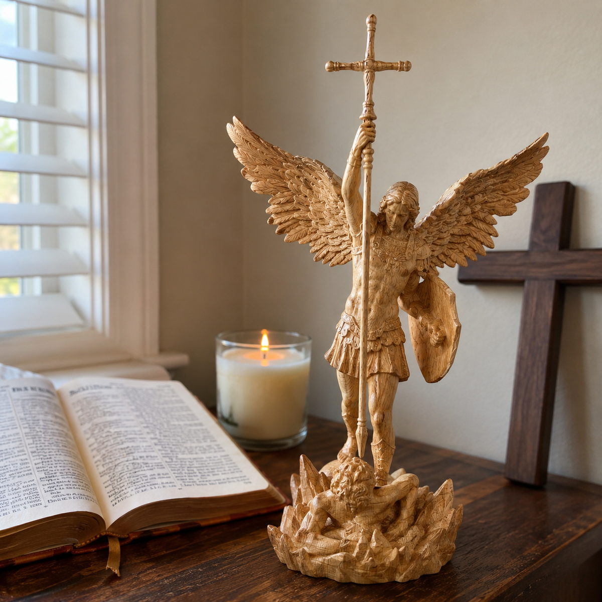 St. Michael the Archangel - Hand Carved Boxwood Sculpture - Spiritual Guardian for Prayer Spaces - product view