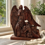 Hand-Carved Holy Family & Guardian Angel Solid Wood Statue: A Faith Artwork Anchoring Divine Blessings for Your Home