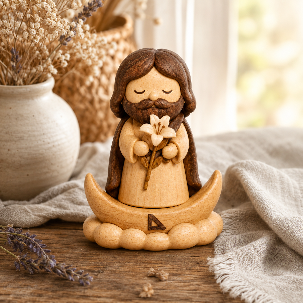 St. Joseph with Lily Wooden Figurine – Original Wood Inlay Blessing Decor