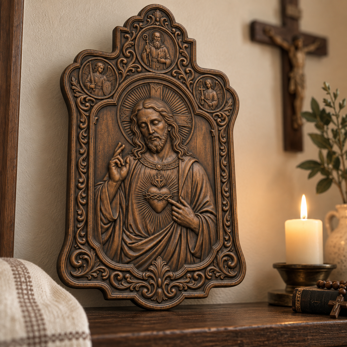 Sacred Heart of Jesus Beechwood Relief Plaque
