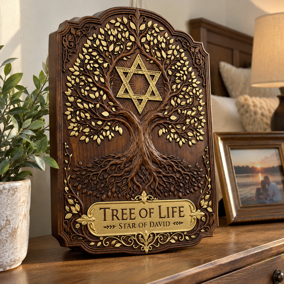 Tree of Life & Star of David Beechwood Wall Plaque