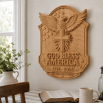 God Bless America Eagle Cross Wood Plaque - size and finish detail