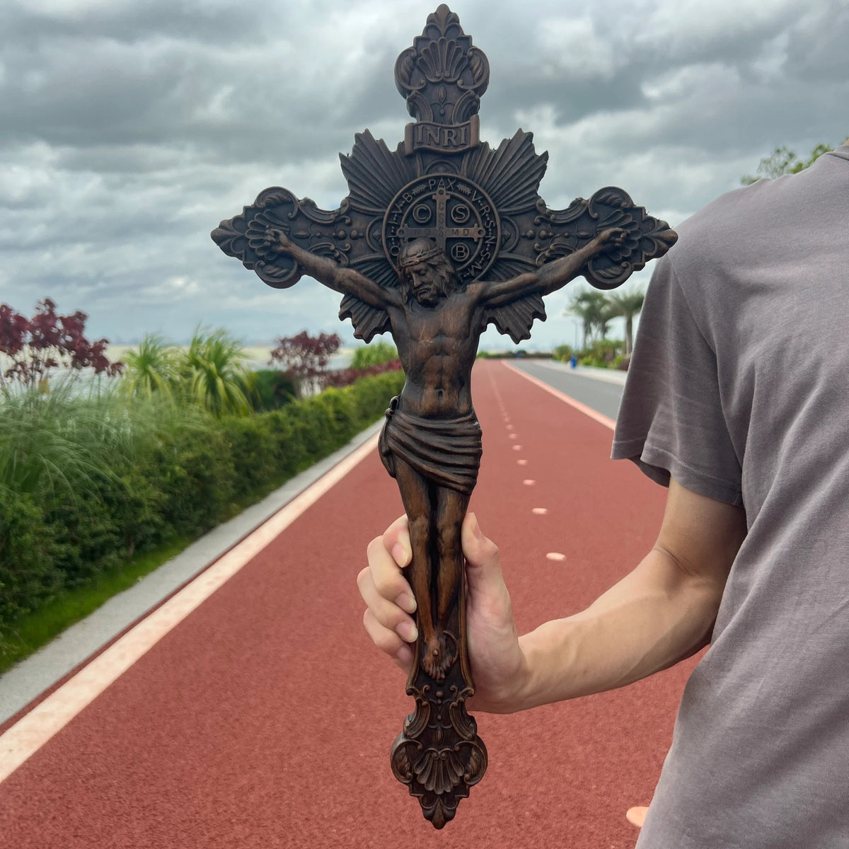 Wood Carving of Jesus Cross with St. Benedict's Exorcism - mokarve