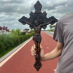 Wood Carving of Jesus Cross with St. Benedict's Exorcism - mokarve