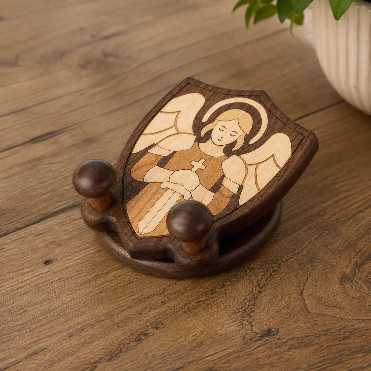 Guardian Angel Wooden Phone Stand – Original Wood Inlay Desk Holder