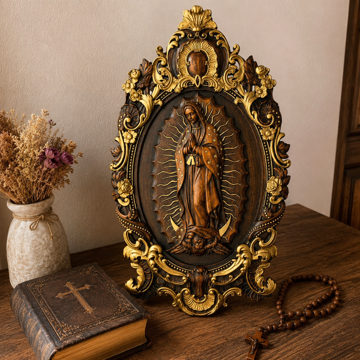 A Handcrafted Sanctuary: Our Lady of Guadalupe Wood Carving - product view