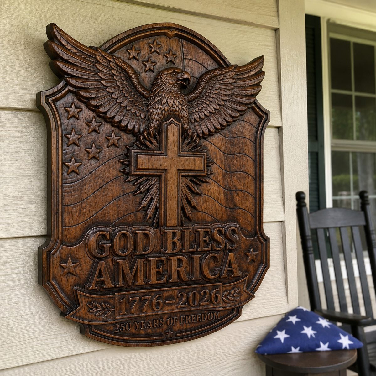God Bless America Eagle Cross Wood Plaque front view for Christian home decor