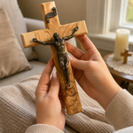 Holy City Wood Olive Wood Crucifix with Bronze Christ — Handcrafted Prayer Cross - design detail