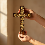 Hand-Carved Rose Cross Wall Art ✝🌹 | Solid Beechwood Christian Decor with Golden Flowers - craftsmanship detail