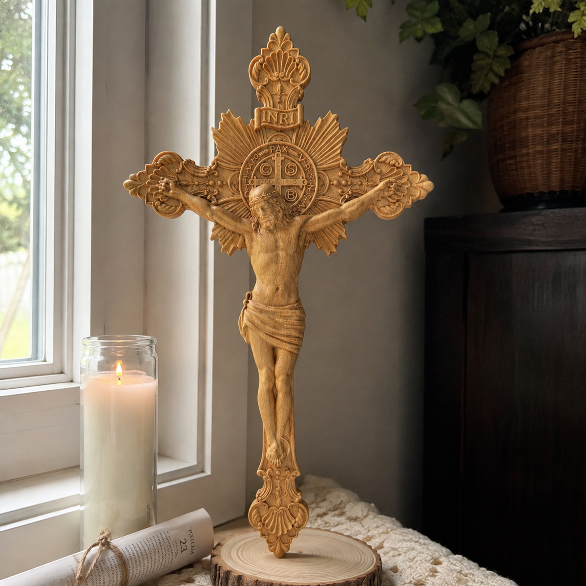 Wood carving of the Cross of the Order of Saint Benedict - with base