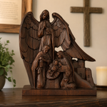Hand-Carved Holy Family & Guardian Angel Solid Wood Statue: A Faith Artwork Anchoring Divine Blessings for Your Home