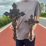 Wood Carving of Jesus Cross with St. Benedict's Exorcism - mokarve