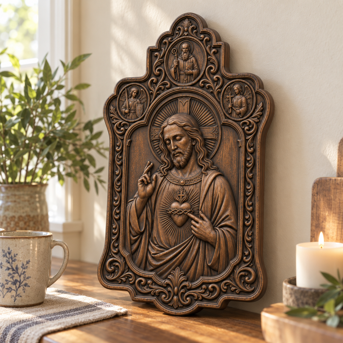 Sacred Heart of Jesus Beechwood Relief Plaque