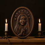 Our Lady in Tears and Prayer with a Nine-Star Halo — Hand-Carved Beechwood Statue - design detail