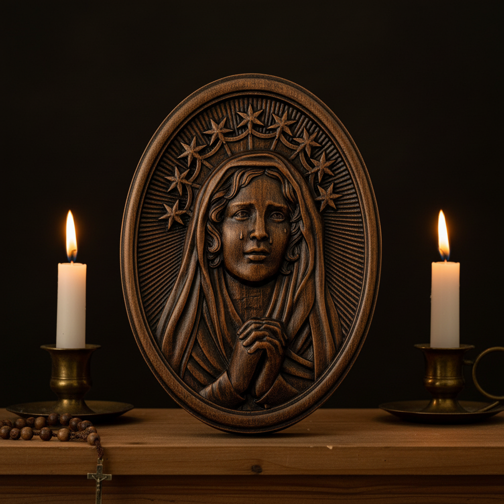 Our Lady in Tears and Prayer with a Nine-Star Halo — Hand-Carved Beechwood Statue - design detail