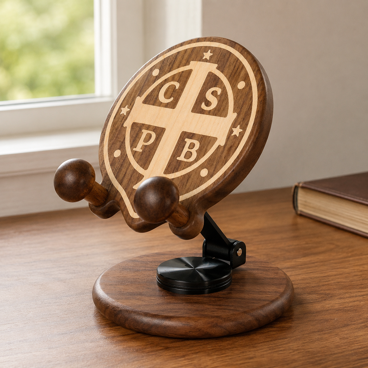 Black Walnut St. Benedict Cross Phone Stand—Foldable and Adjustable Christian Desktop Stand - side view