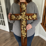 Hand-Carved Rose Cross Wall Art ✝️🌹 | Solid Beechwood Christian Decor with Golden Flowers