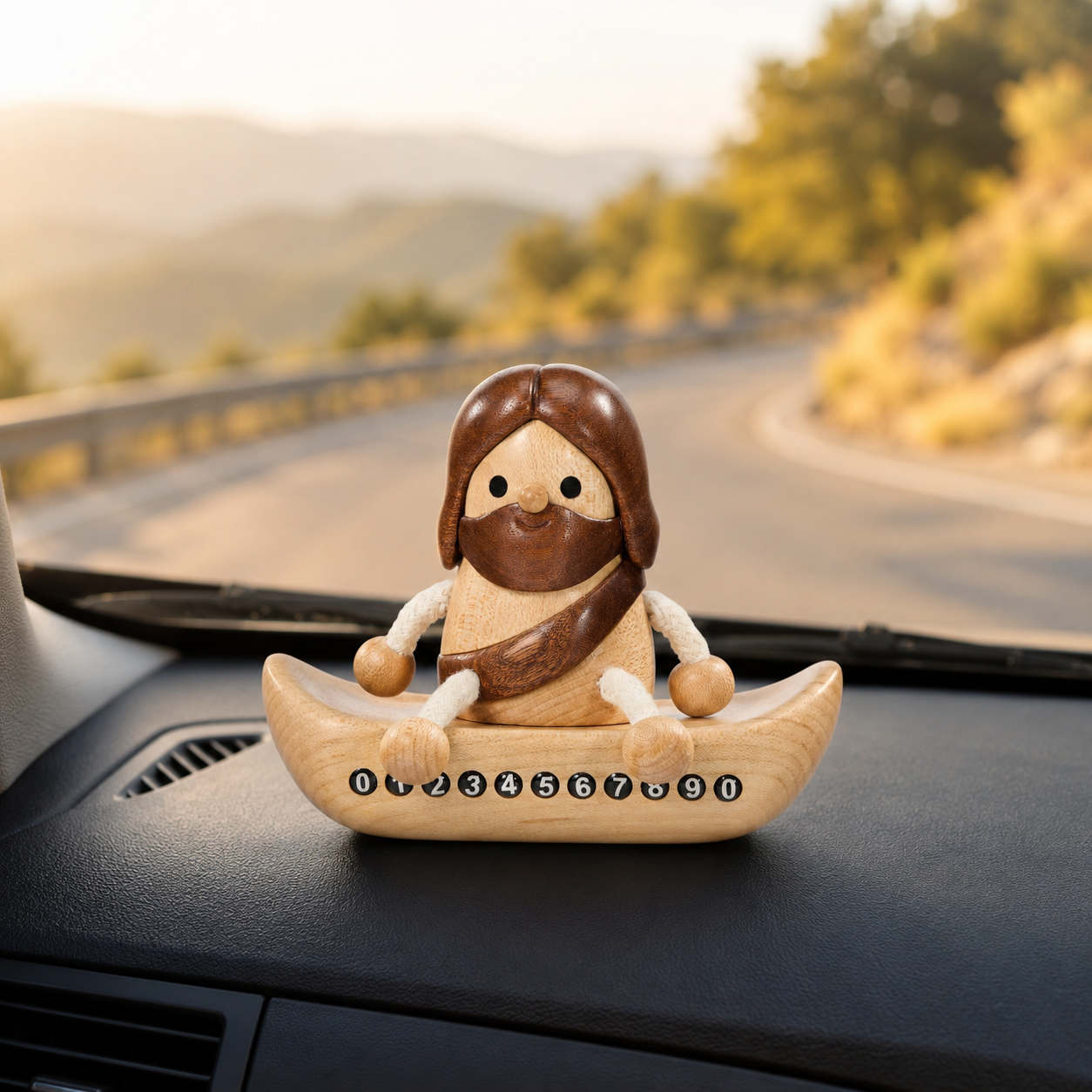 Wooden Jesus Dashboard Decor with Hidden Parking Number Display