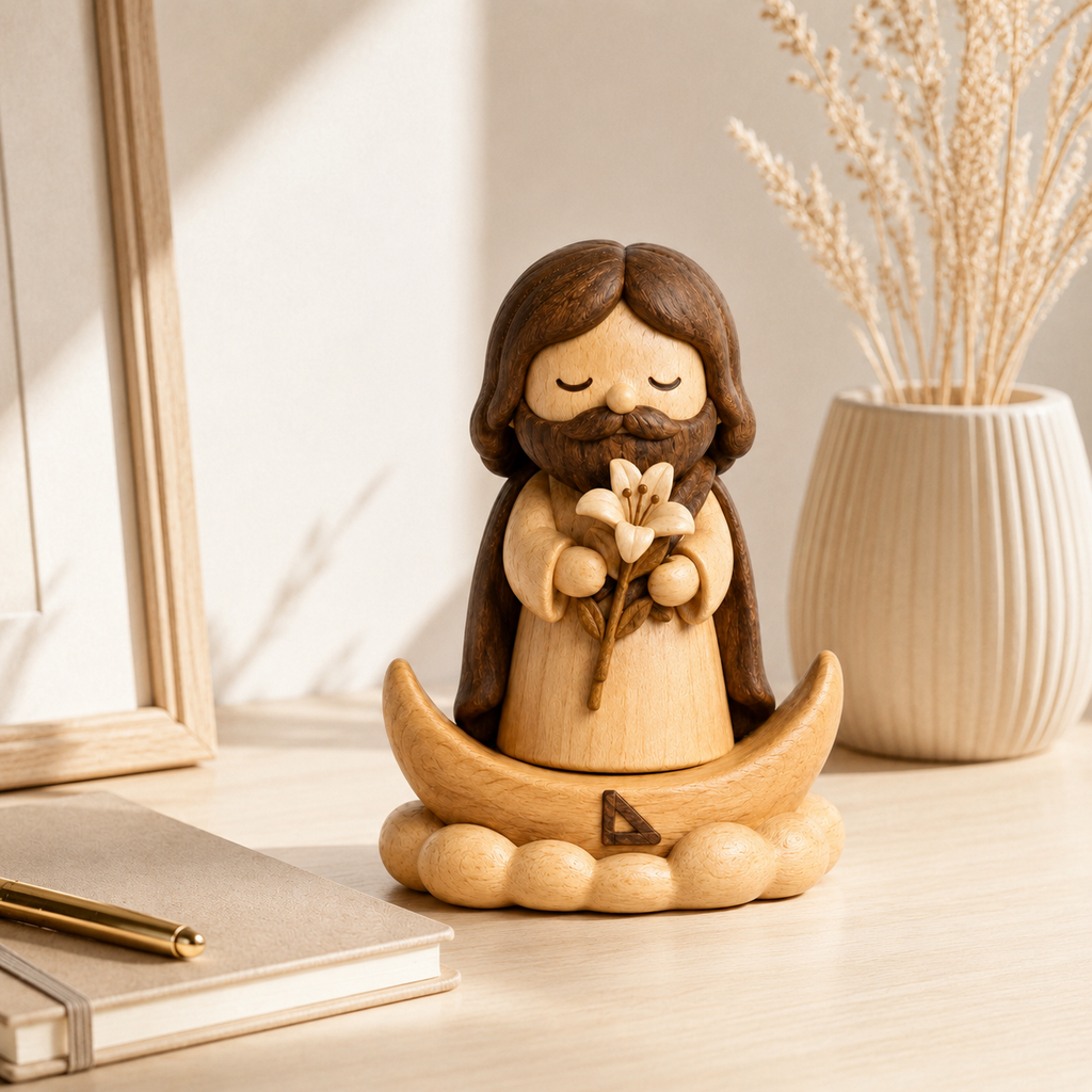 St. Joseph with Lily Wooden Figurine – Original Wood Inlay Blessing Decor