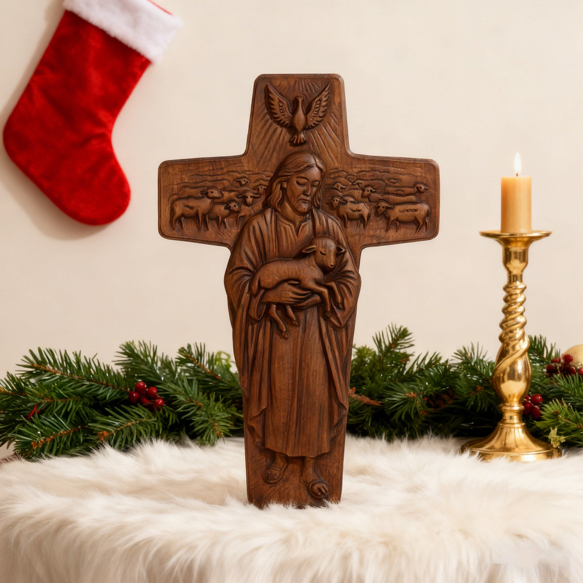 Beechwood Good Shepherd Cross Hand-Carved Shepherd Icon | Finding Rest in His Loving Arms for Christian home decor and prayer spaces