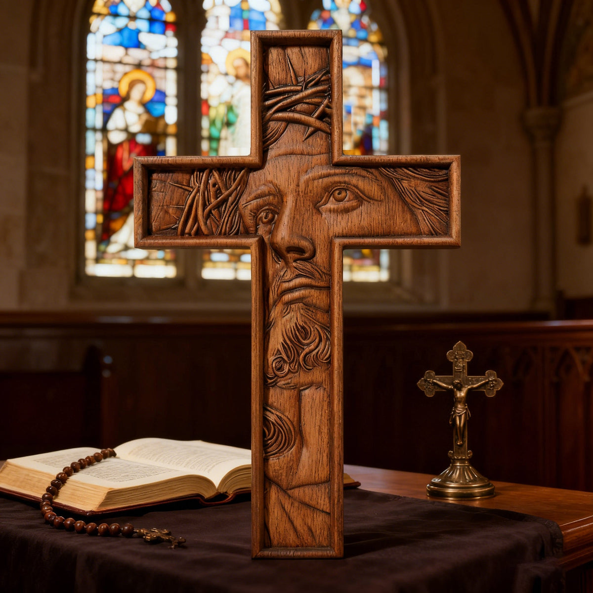 "Jesus with the Crown of Thorns" Beechwood Cross Wall Hanging for Christian home decor and prayer spaces