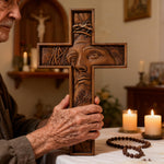 "Jesus with the Crown of Thorns" Beechwood Cross Wall Hanging - size and finish detail