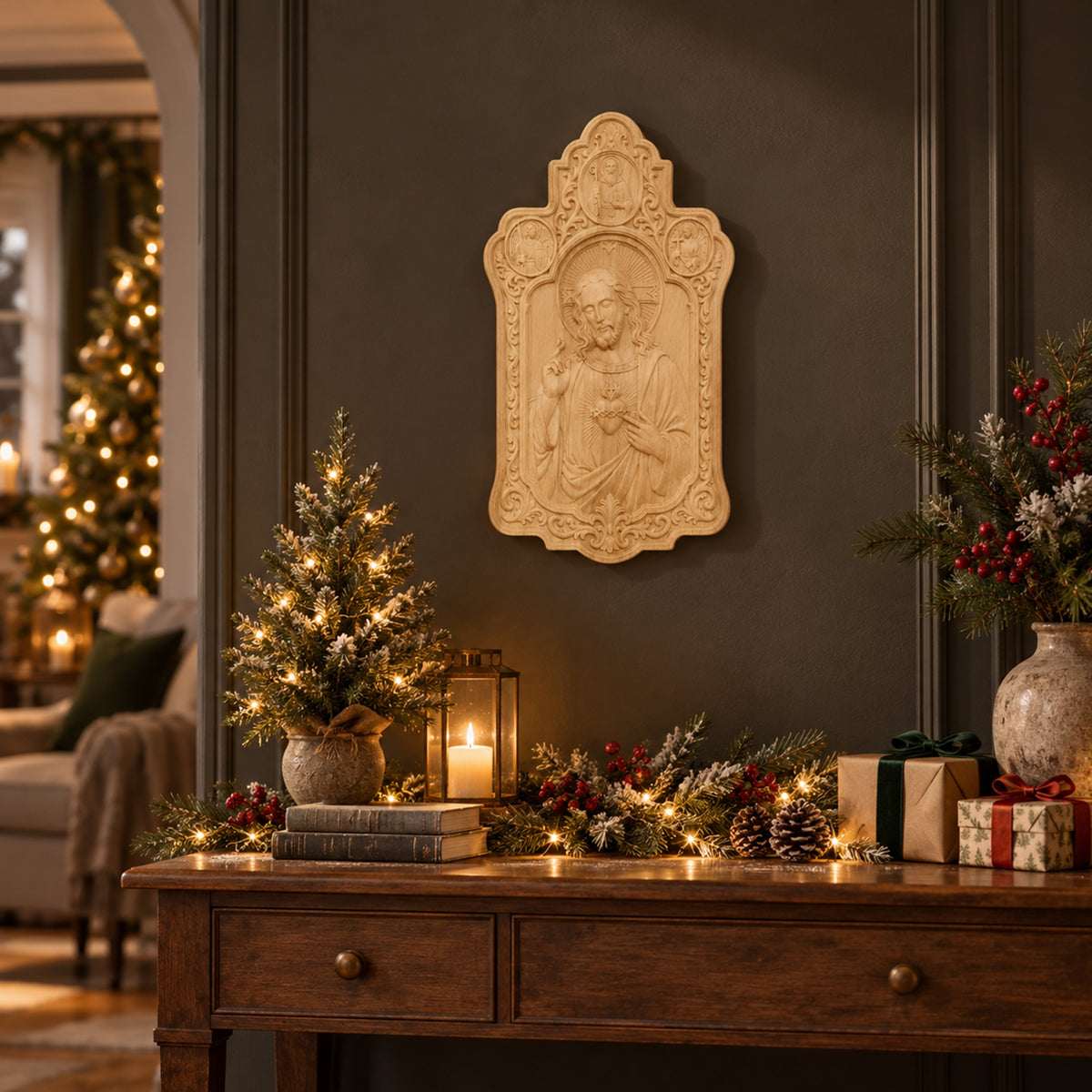 Sacred Heart of Jesus Wooden Wall Plaque – Ornate Catholic Wall Art