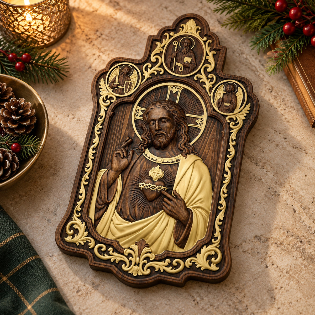 Sacred Heart of Jesus Wooden Wall Plaque – Ornate Catholic Wall Art