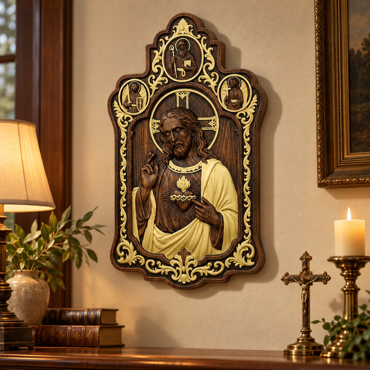 Sacred Heart of Jesus Wooden Wall Plaque – Ornate Catholic Wall Art