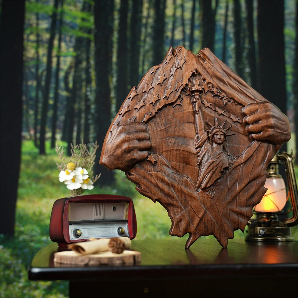 Lady Liberty Wall Decor Art Wood Sculpture - mokarve