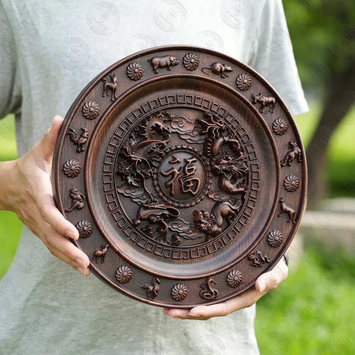 Chinese Zodiac “Fu” Disc Wooden Decoration Wall Hanging - mokarve