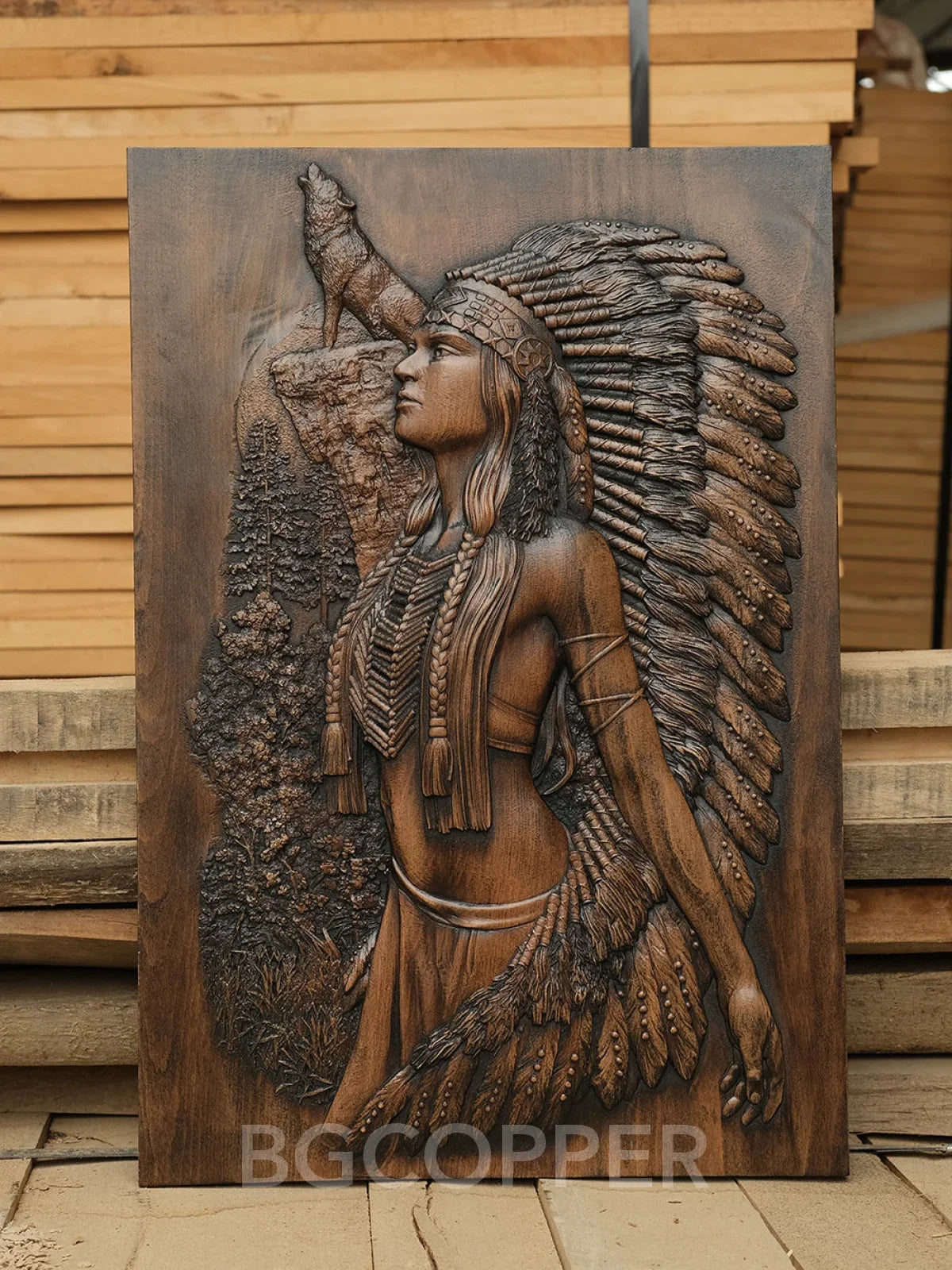 Native American Woman and Wolf Wood Carving Decor - Engraved on Natural Wood - mokarve