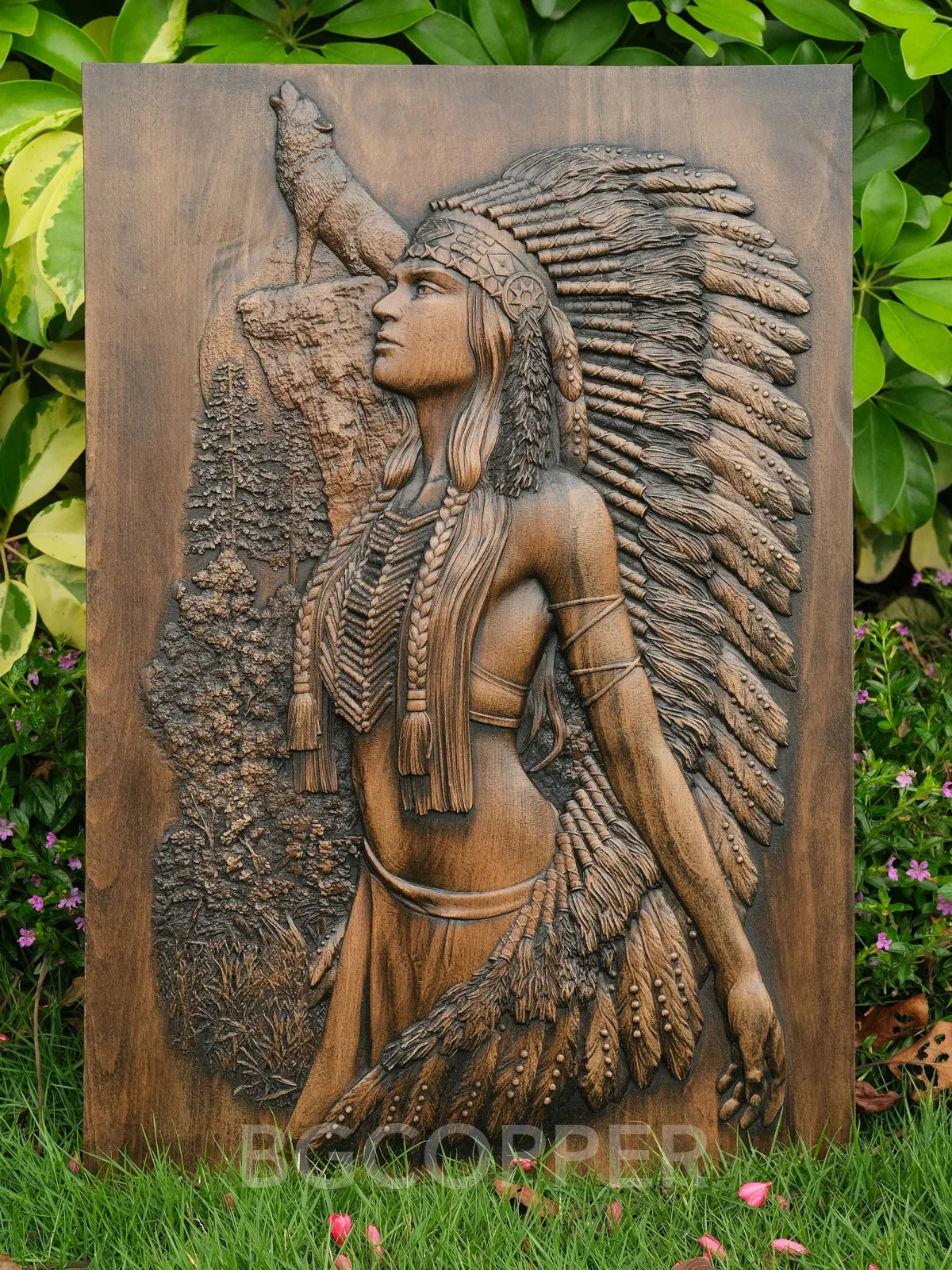 Native American Woman and Wolf Wood Carving Decor - Engraved on Natural Wood - mokarve