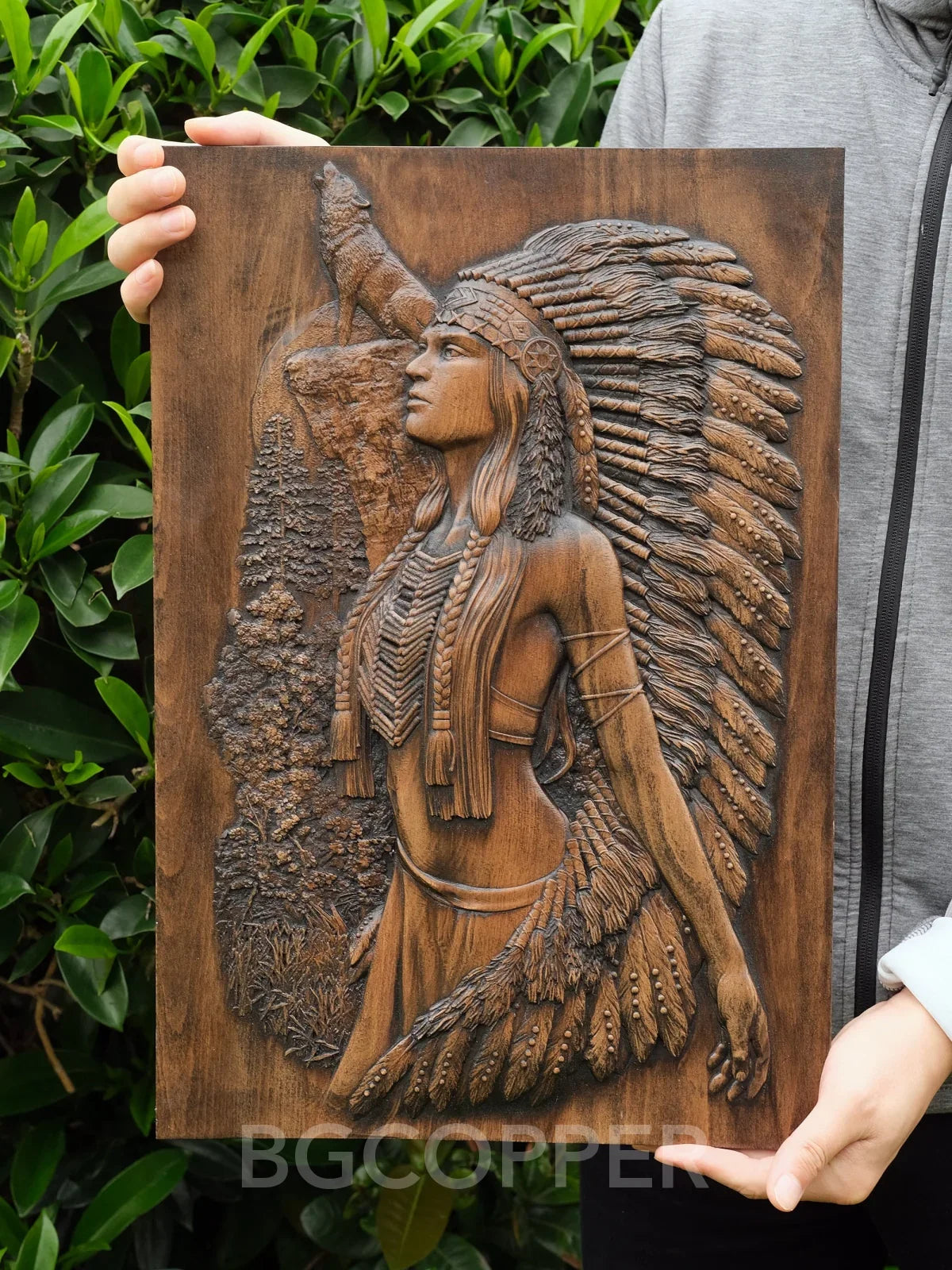 Native American Woman and Wolf Wood Carving Decor - Engraved on Natural Wood - mokarve