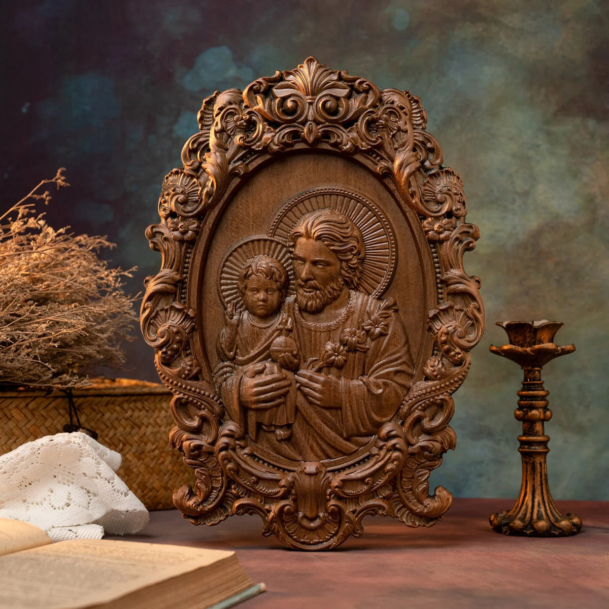 Saint Joseph Wood Carved Religious icon Fatehrs day Christian gift Wall Hanging Art Work gift ideas Birthday Gifts - mokarve