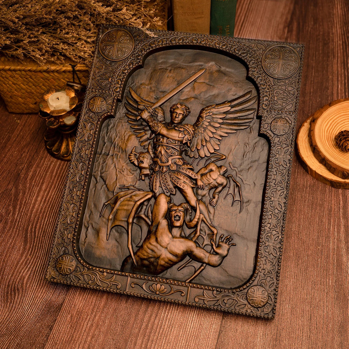 Archangel Michael natural solid wood religious wood carving - The Holy Sword Slays Demons - mokarve