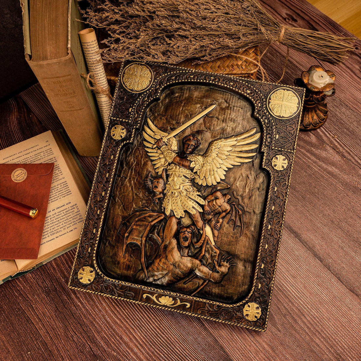 Archangel Michael natural solid wood religious wood carving - The Holy Sword Slays Demons - mokarve