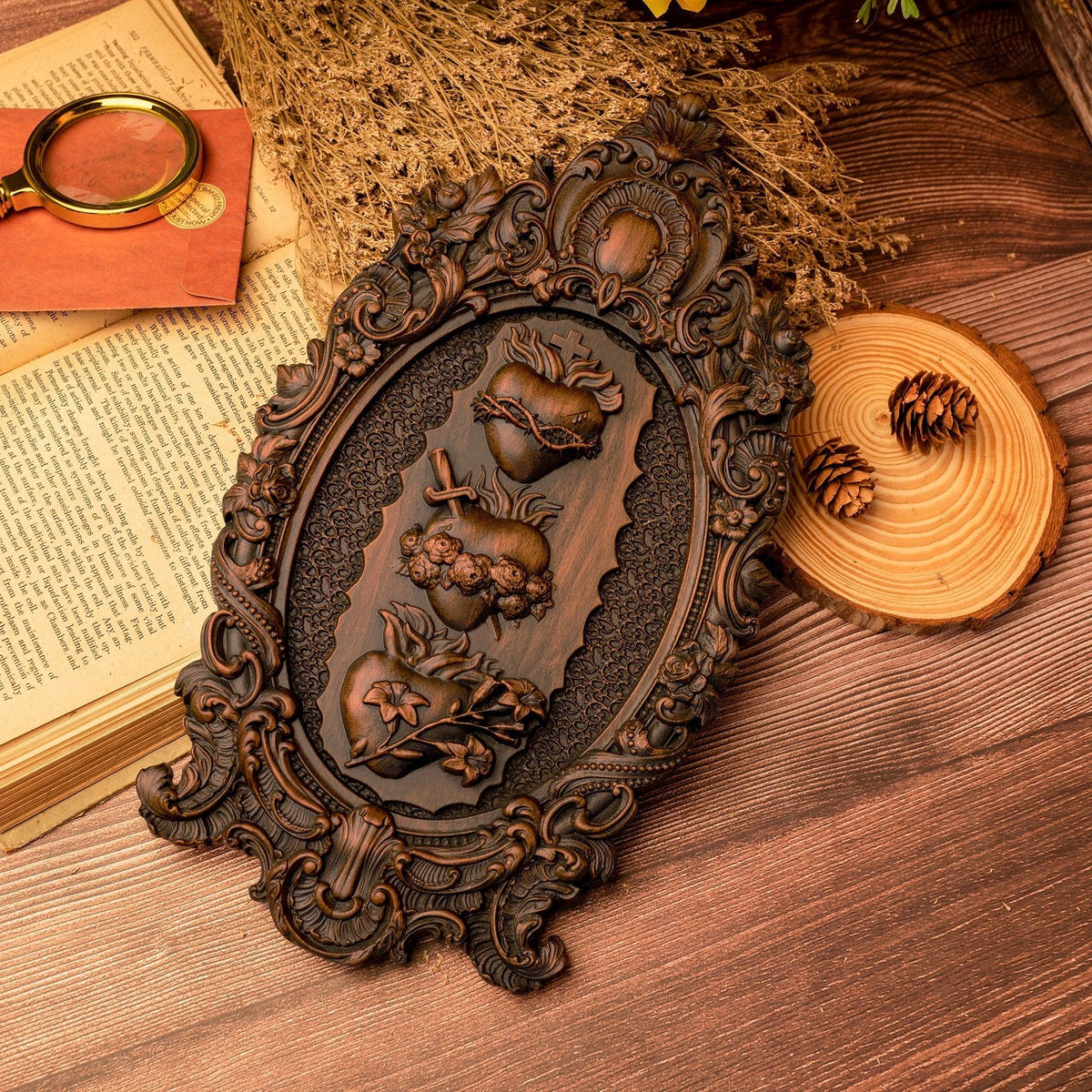 Three Sacred Hearts of the Holy Family | Solid Wood Carving Gift - mokarve