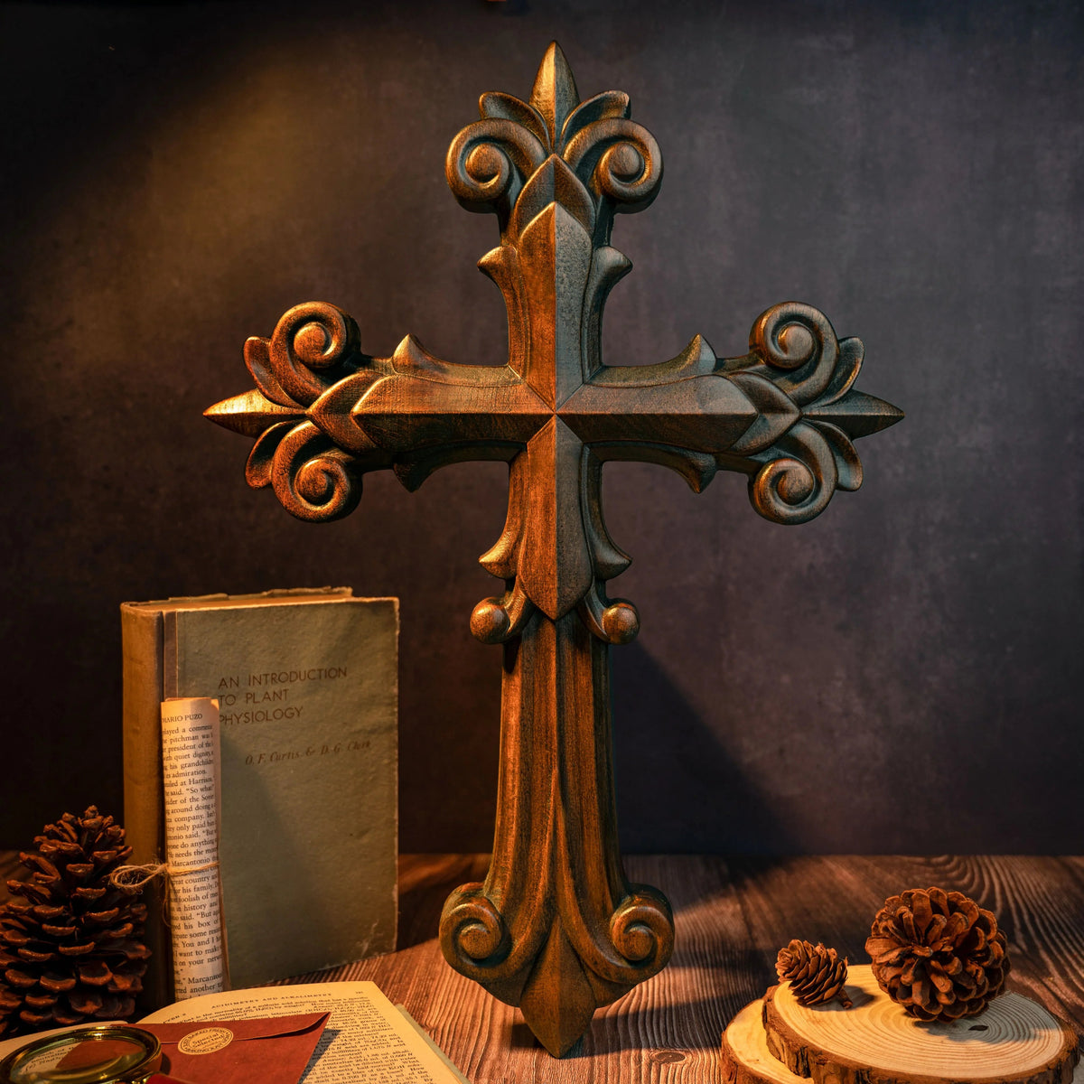 mokarve Ornate Wooden Cross - Carved from natural wood - mokarve